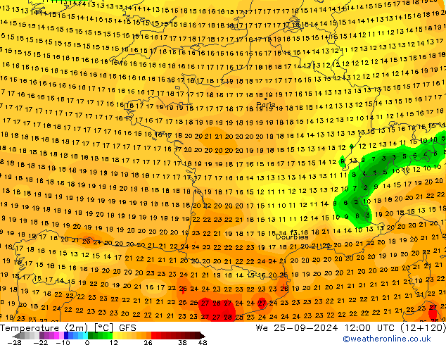 Temperature (2m) GFS We 25.09.2024 12 UTC