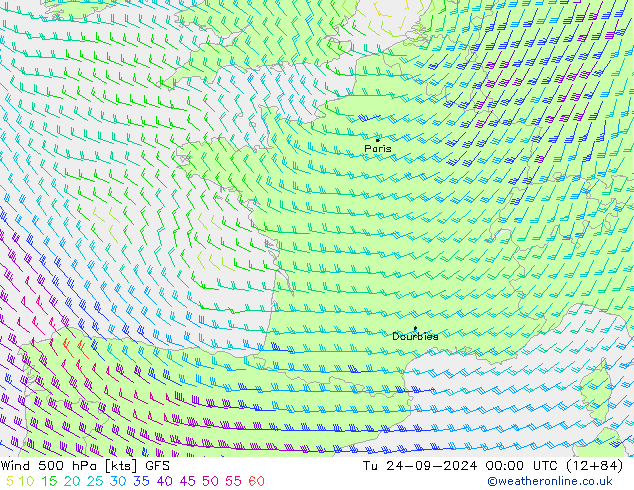 wiatr 500 hPa GFS wto. 24.09.2024 00 UTC