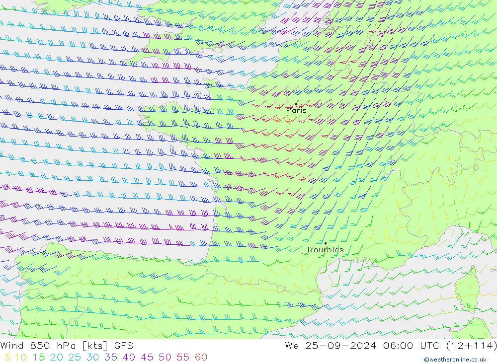 Wind 850 hPa GFS We 25.09.2024 06 UTC