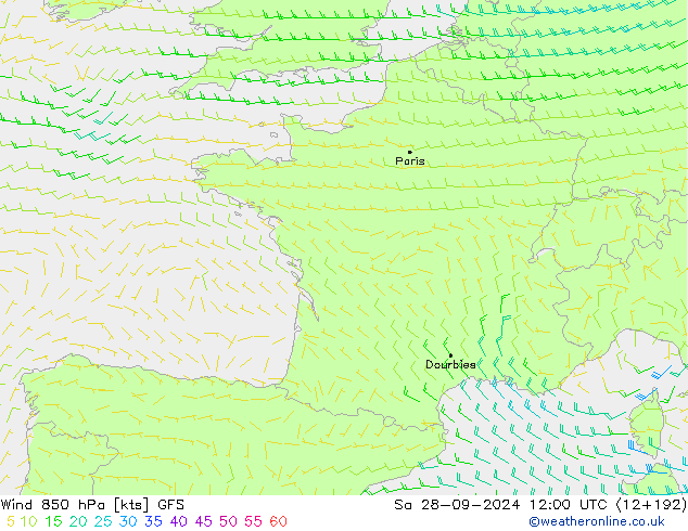 Wind 850 hPa GFS Sa 28.09.2024 12 UTC