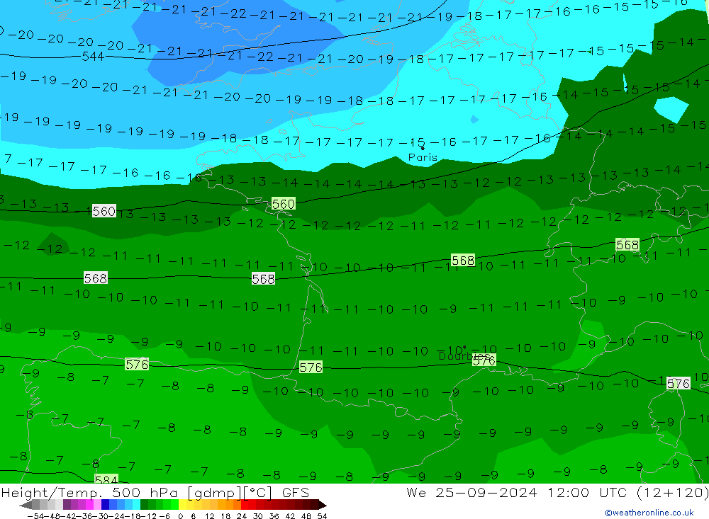 Z500/Rain (+SLP)/Z850 GFS  25.09.2024 12 UTC