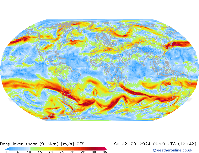 Deep layer shear (0-6km) GFS Ne 22.09.2024 06 UTC