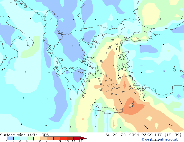 Wind 10 m (bft) GFS zo 22.09.2024 03 UTC