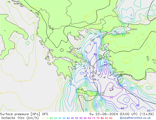 Isotachs (kph) GFS Ne 22.09.2024 03 UTC