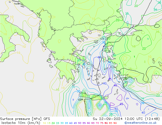 Isotachs (kph) GFS Вс 22.09.2024 12 UTC