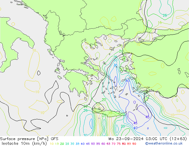 Isotachs (kph) GFS Po 23.09.2024 03 UTC