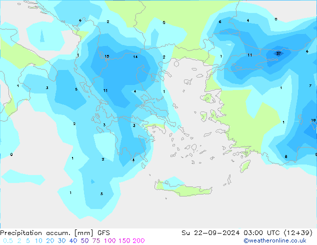 Totale neerslag GFS zo 22.09.2024 03 UTC