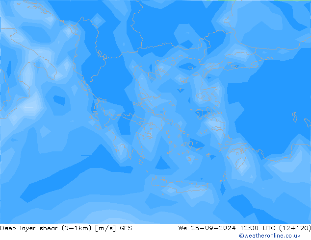 Deep layer shear (0-1km) GFS Mi 25.09.2024 12 UTC