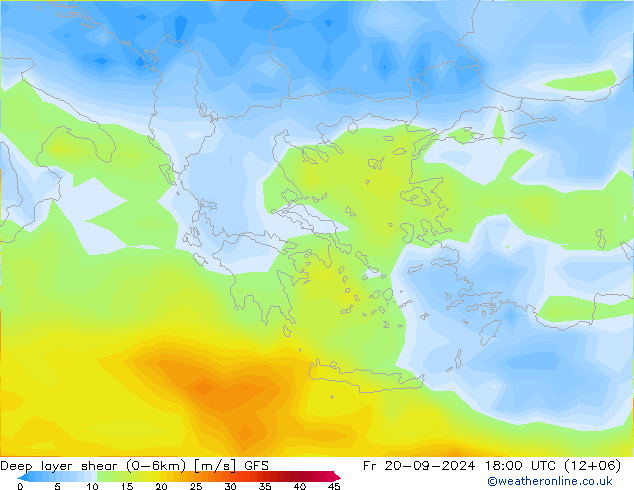 Deep layer shear (0-6km) GFS ven 20.09.2024 18 UTC