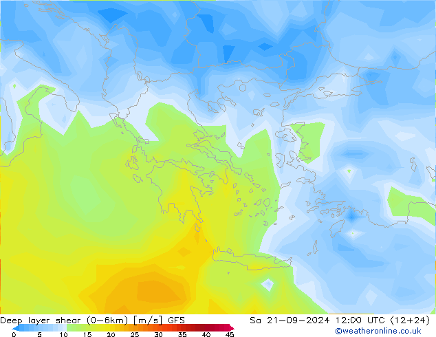 Deep layer shear (0-6km) GFS sab 21.09.2024 12 UTC