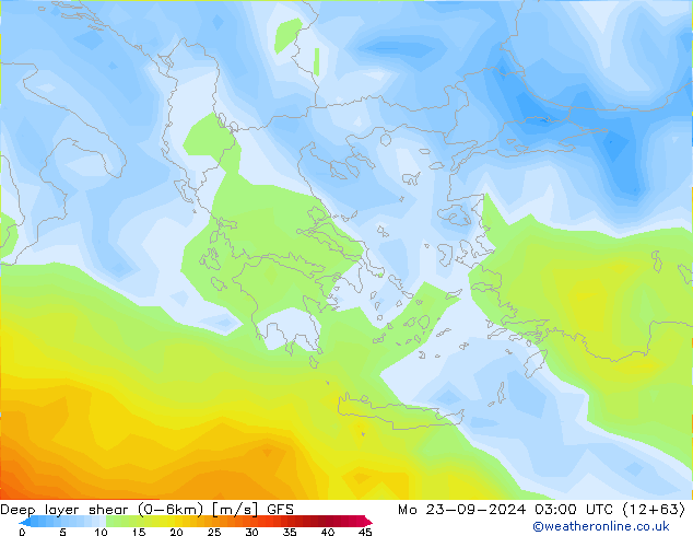 Deep layer shear (0-6km) GFS lun 23.09.2024 03 UTC