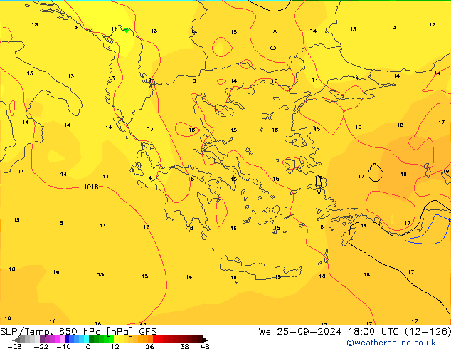 SLP/Temp. 850 hPa GFS We 25.09.2024 18 UTC