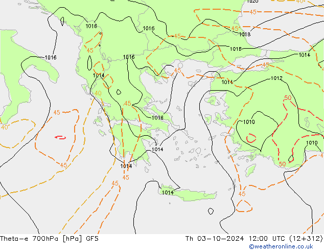 Theta-e 700hPa GFS jue 03.10.2024 12 UTC