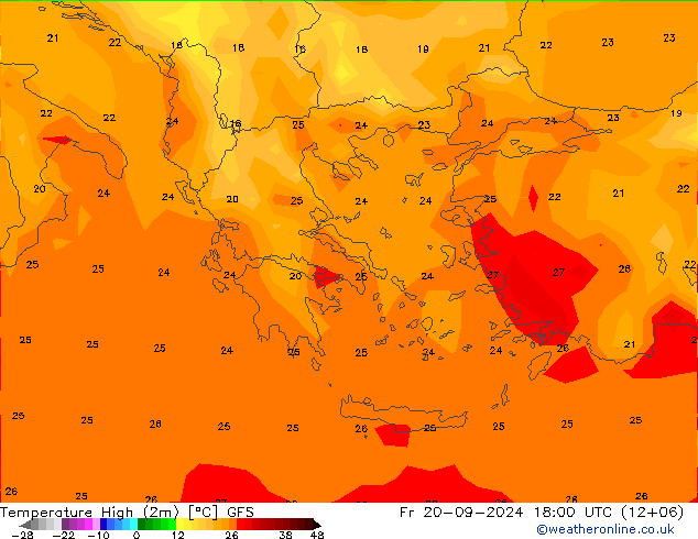 température 2m max GFS ven 20.09.2024 18 UTC