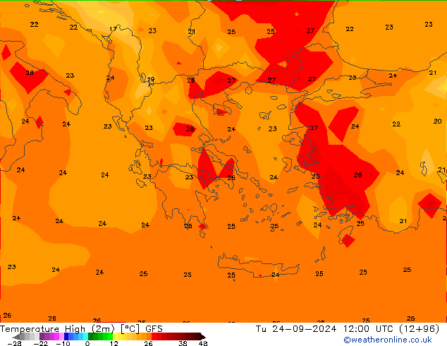 Nejvyšší teplota (2m) GFS Út 24.09.2024 12 UTC