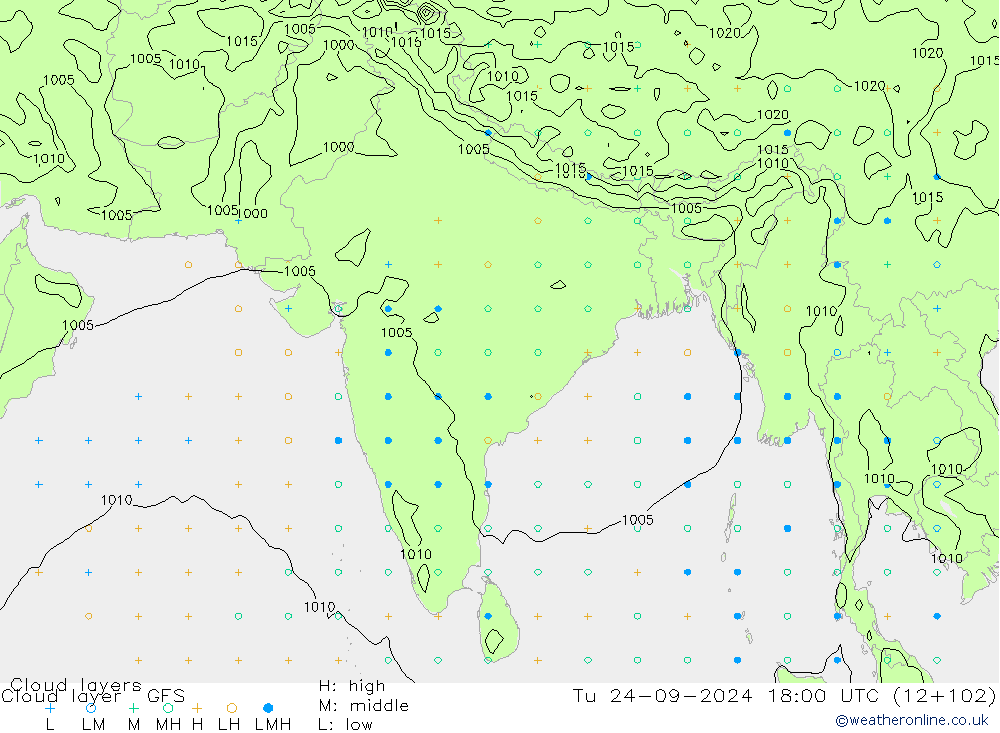 Cloud layer GFS Út 24.09.2024 18 UTC