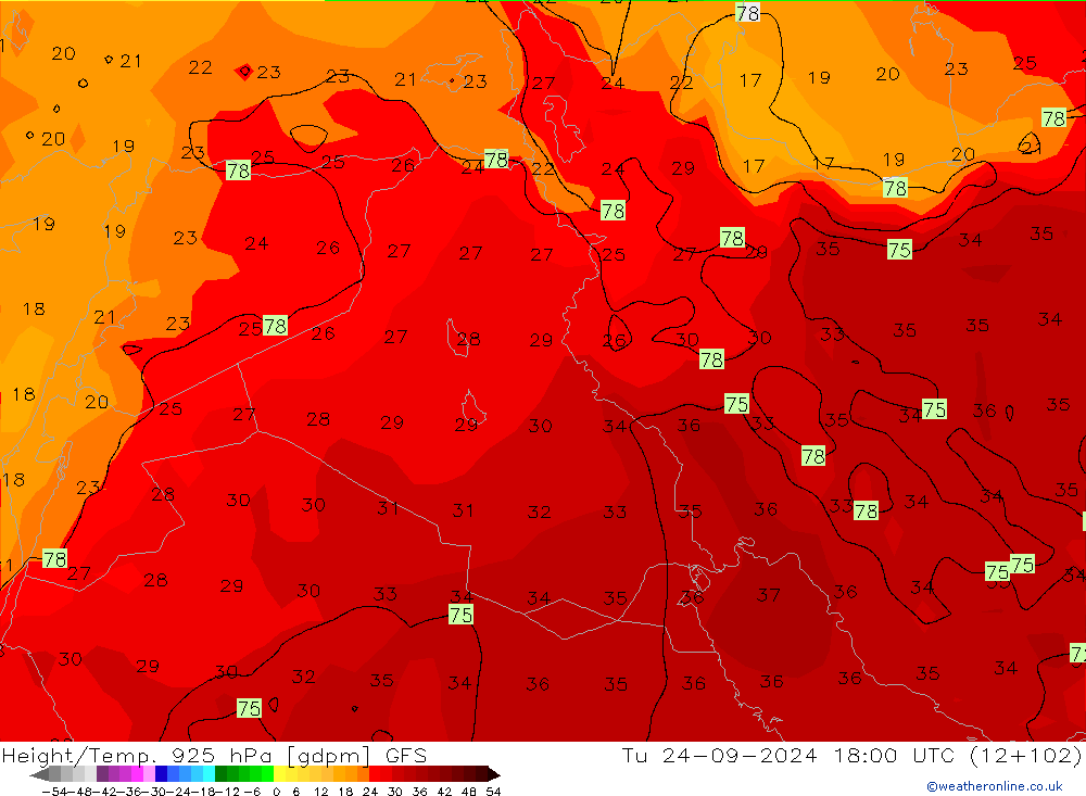 Height/Temp. 925 hPa GFS  24.09.2024 18 UTC
