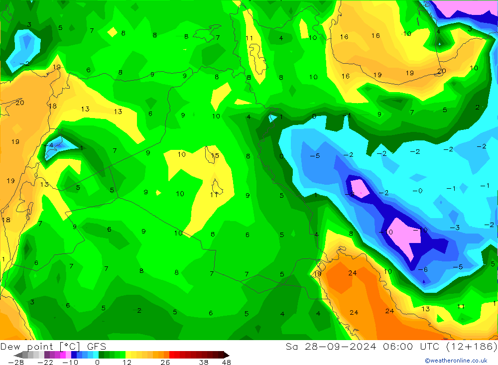 Punto di rugiada GFS sab 28.09.2024 06 UTC