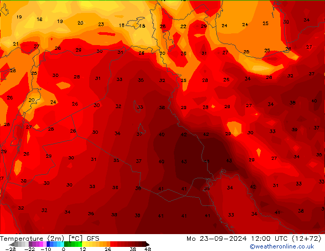 mapa temperatury (2m) GFS pon. 23.09.2024 12 UTC