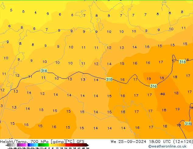 Hoogte/Temp. 700 hPa GFS wo 25.09.2024 18 UTC