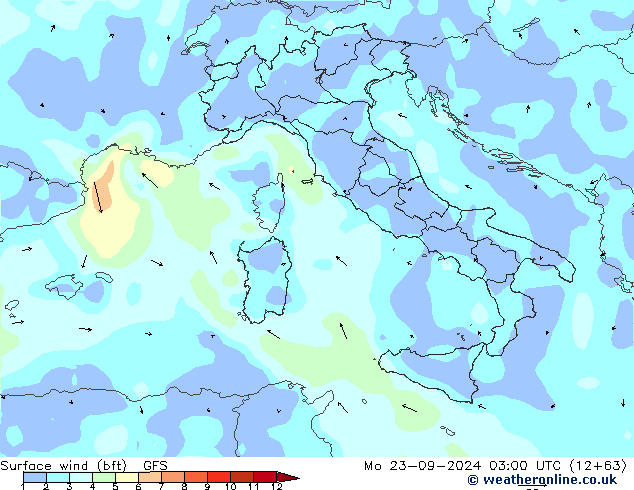 Surface wind (bft) GFS Mo 23.09.2024 03 UTC