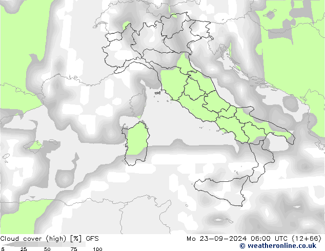 Cloud cover (high) GFS Mo 23.09.2024 06 UTC