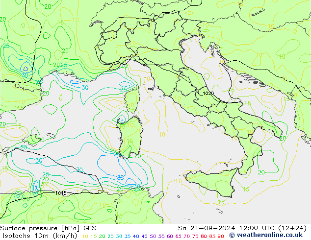 Isotachs (kph) GFS  21.09.2024 12 UTC