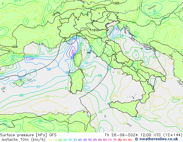 Eşrüzgar Hızları (km/sa) GFS Per 26.09.2024 12 UTC