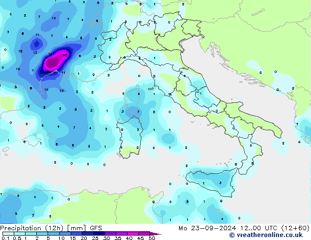 Précipitation (12h) GFS lun 23.09.2024 00 UTC