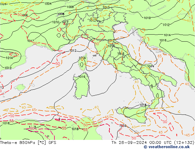 Theta-e 850hPa GFS jue 26.09.2024 00 UTC