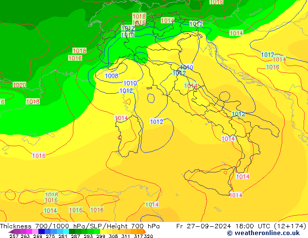 700-1000 hPa Kalınlığı GFS Cu 27.09.2024 18 UTC