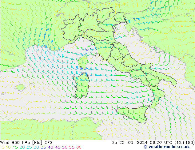 Vento 850 hPa GFS sab 28.09.2024 06 UTC