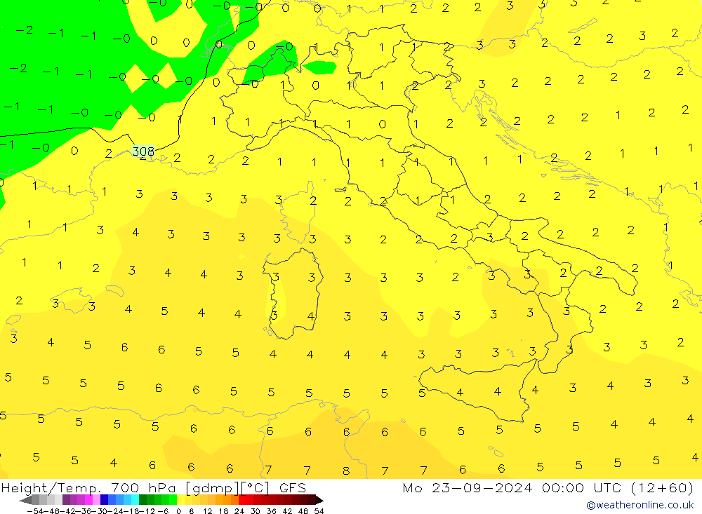 Height/Temp. 700 hPa GFS Mo 23.09.2024 00 UTC