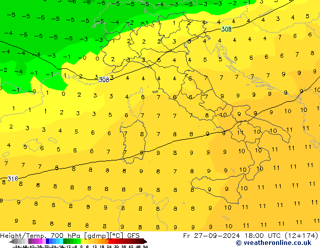 Yükseklik/Sıc. 700 hPa GFS Cu 27.09.2024 18 UTC