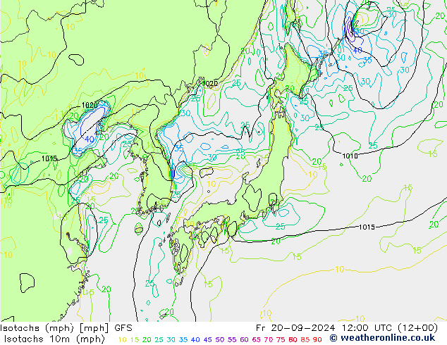 Izotacha (mph) GFS pt. 20.09.2024 12 UTC