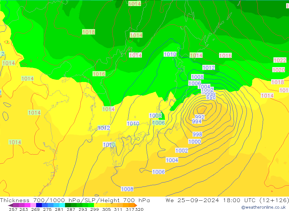 Thck 700-1000 hPa GFS  25.09.2024 18 UTC