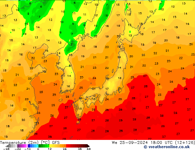 Temperatura (2m) GFS mié 25.09.2024 18 UTC