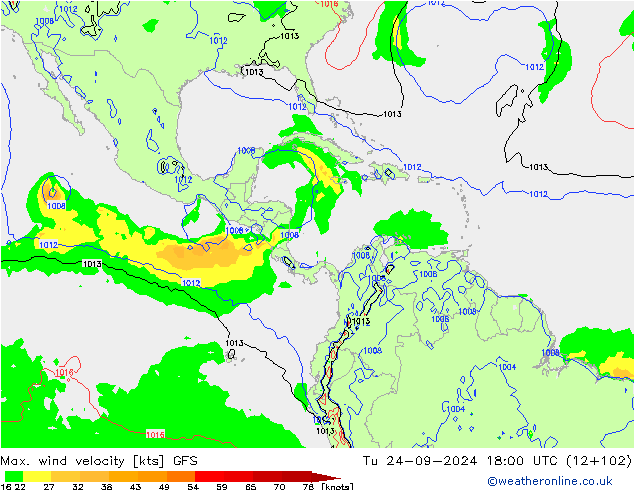 Max. wind velocity GFS Tu 24.09.2024 18 UTC