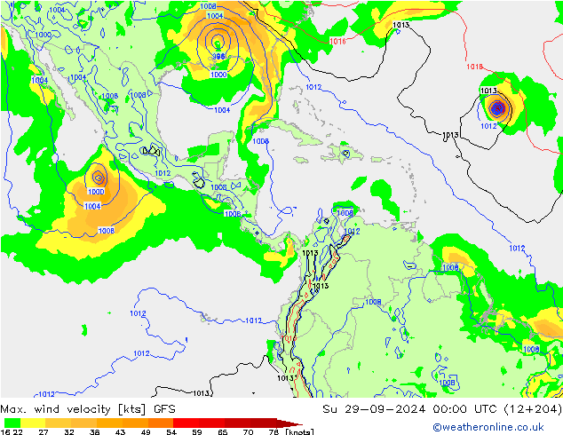 Max. wind velocity GFS dim 29.09.2024 00 UTC