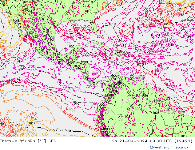 Theta-e 850hPa GFS Sáb 21.09.2024 09 UTC