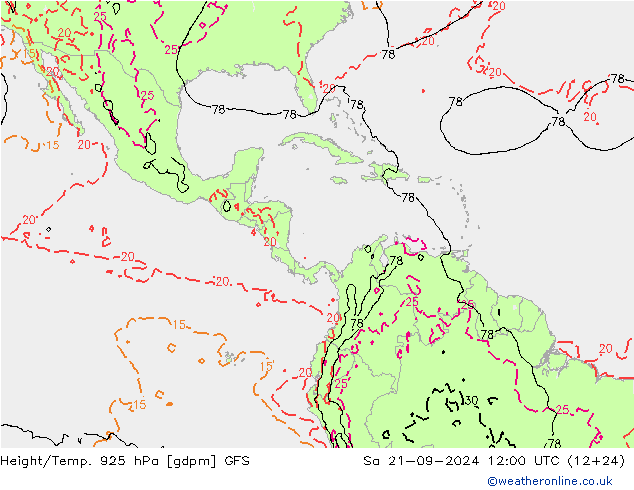 Height/Temp. 925 hPa GFS Sa 21.09.2024 12 UTC