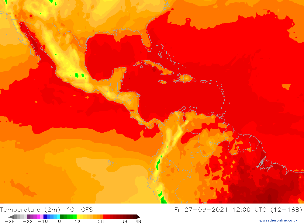 Temperatuurkaart (2m) GFS vr 27.09.2024 12 UTC