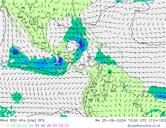 ветер 950 гПа GFS ср 25.09.2024 12 UTC