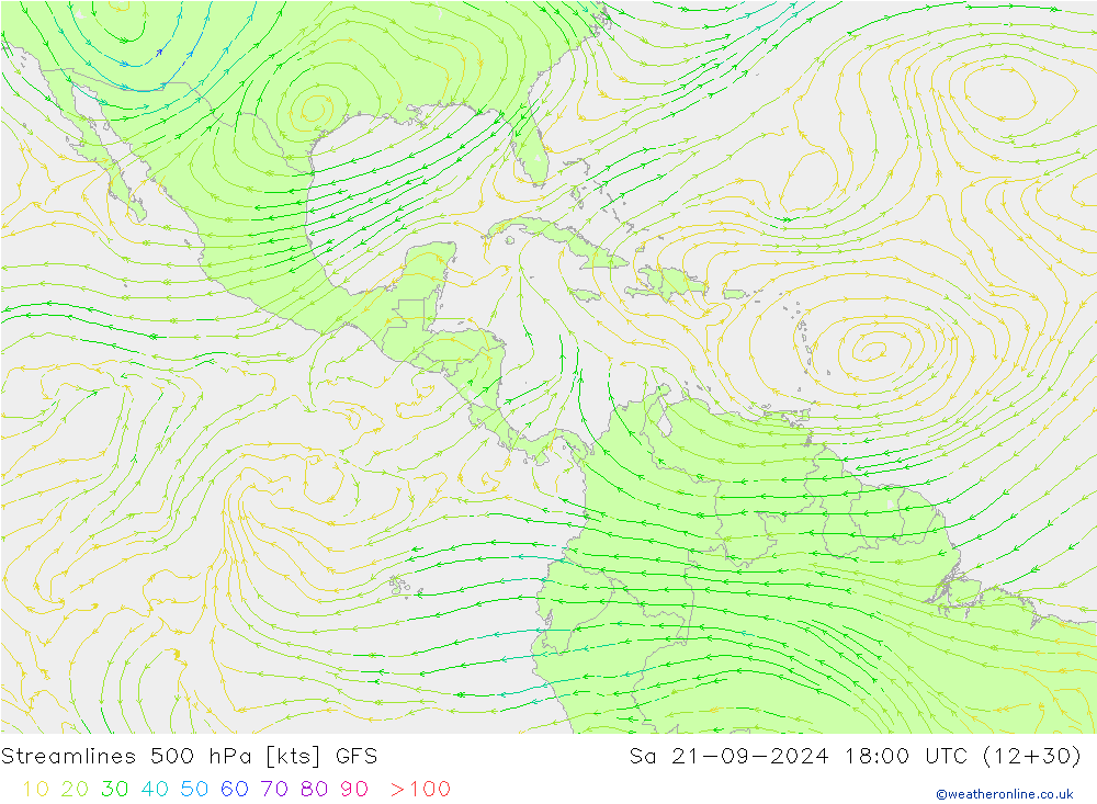 Linia prądu 500 hPa GFS so. 21.09.2024 18 UTC