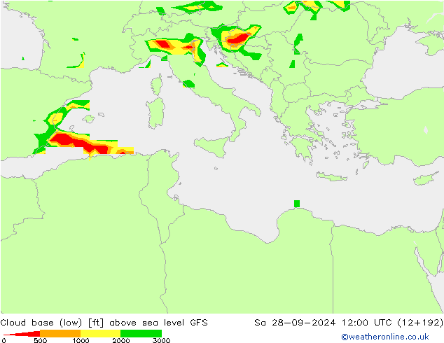 Cloud base (low) GFS So 28.09.2024 12 UTC