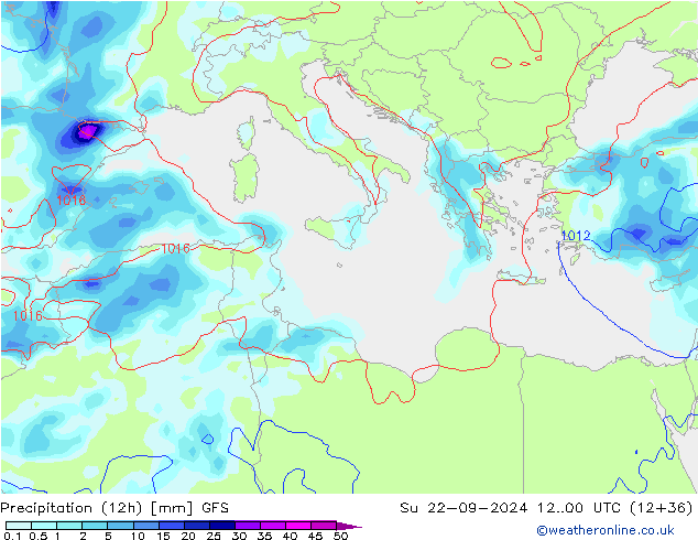 Totale neerslag (12h) GFS zo 22.09.2024 00 UTC