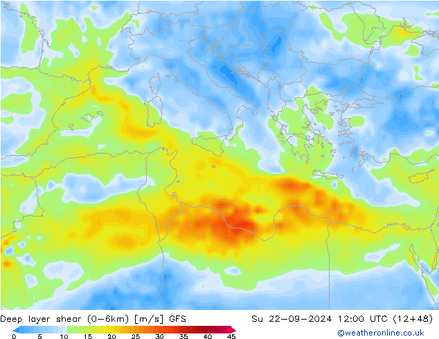 Deep layer shear (0-6km) GFS Su 22.09.2024 12 UTC