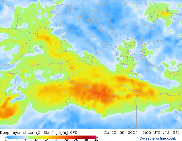 Deep layer shear (0-6km) GFS Paz 22.09.2024 15 UTC