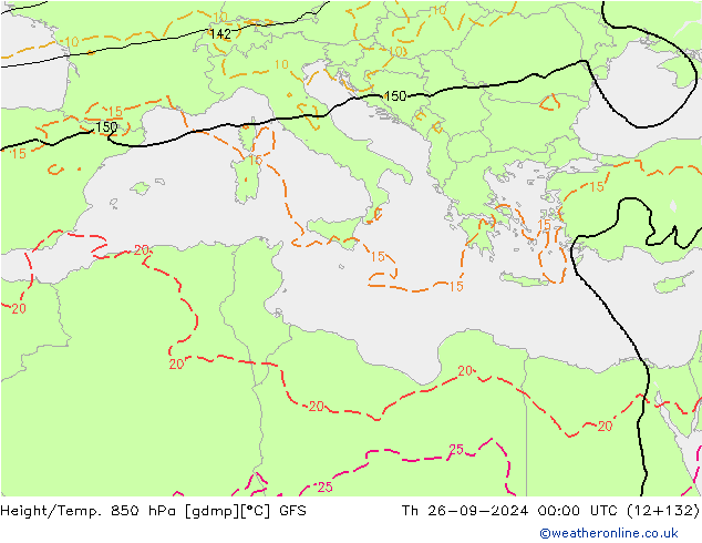 Height/Temp. 850 гПа GFS чт 26.09.2024 00 UTC