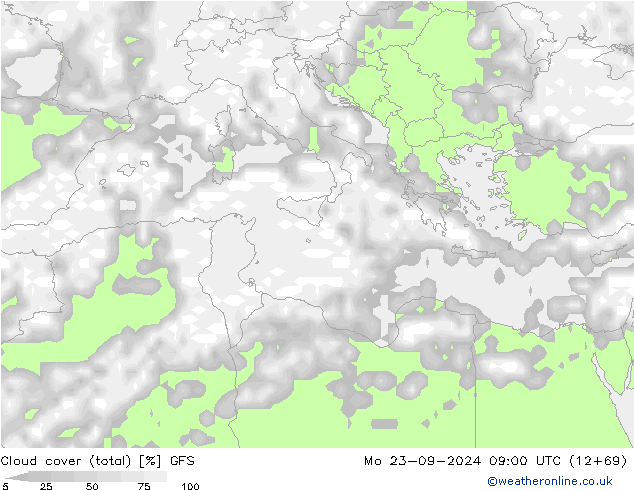 Cloud cover (total) GFS Mo 23.09.2024 09 UTC